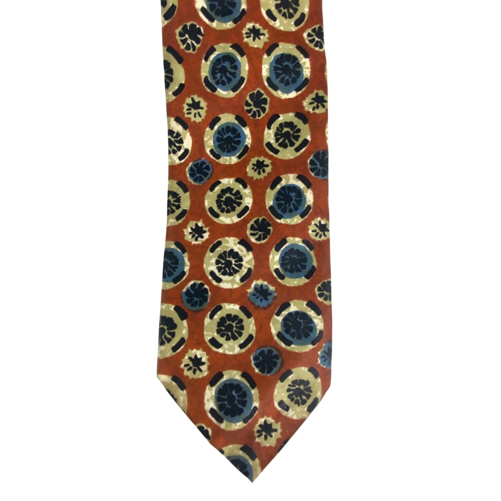 VTG Superba Dacron Mens Tie Rust Orange Cream Blue Floral Medallion 70s 52x3